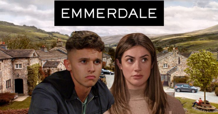 Emmerdale's Jacob, Victoria, the Emmerdale logo and background of the Dales