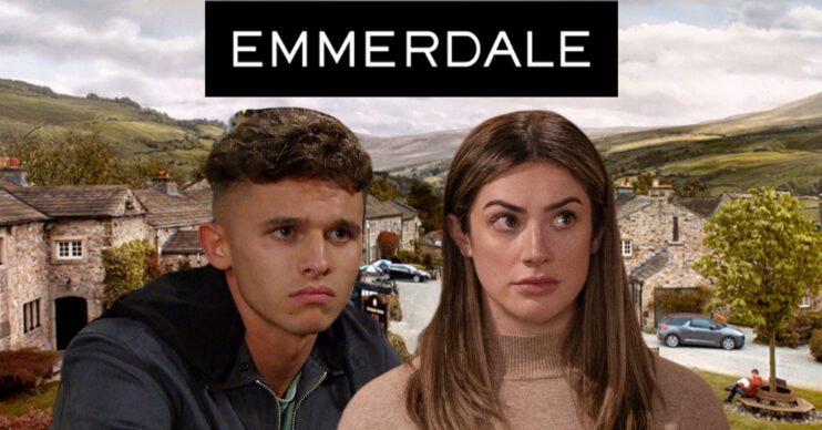 Emmerdale's Jacob, Victoria, the Emmerdale logo and background of the Dales
