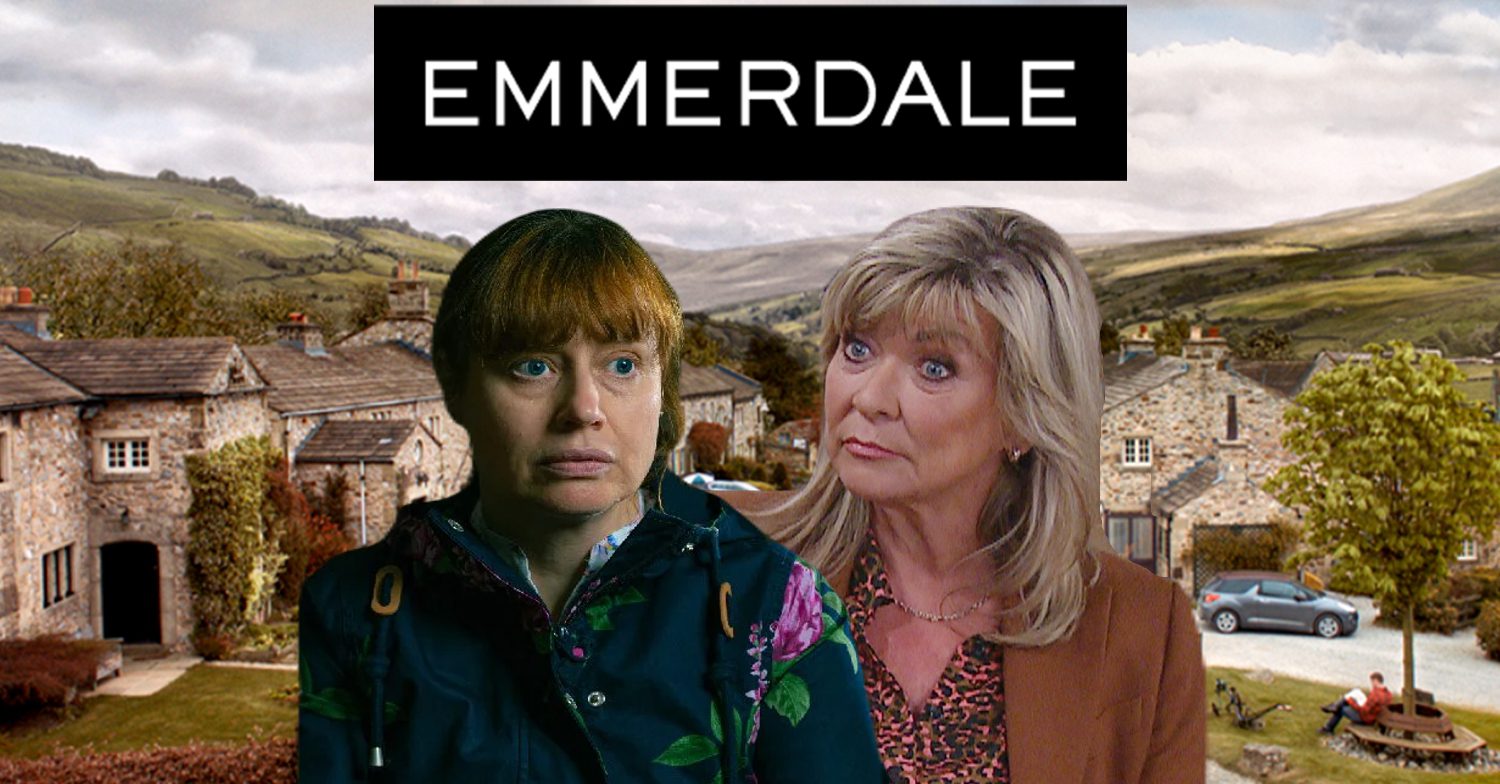 Emmerdale's Lydia, Kim, the Emmerdale logo and background of the Dales