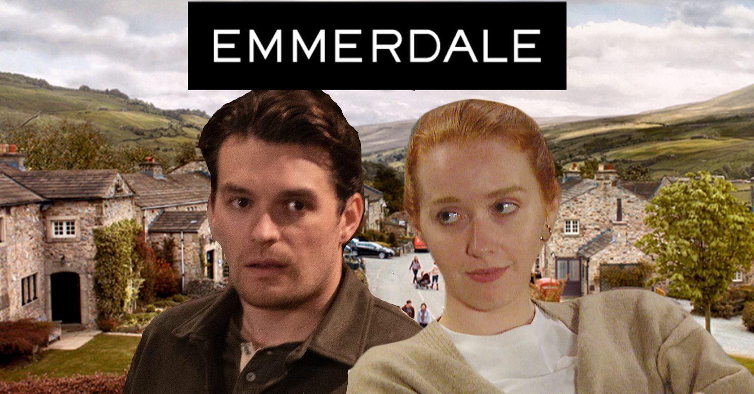 Emmerdale's Mack, Chloe, the Emmerdale logo and background of the Dales