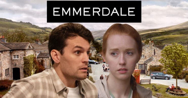 Emmerdale's Mack, Chloe, the Emmerdale logo and background of the Dales