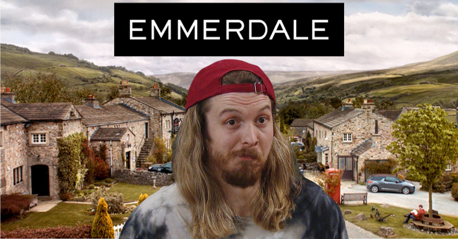 Emmerdale's Ryan, the Emmerdale logo and background of the Dales