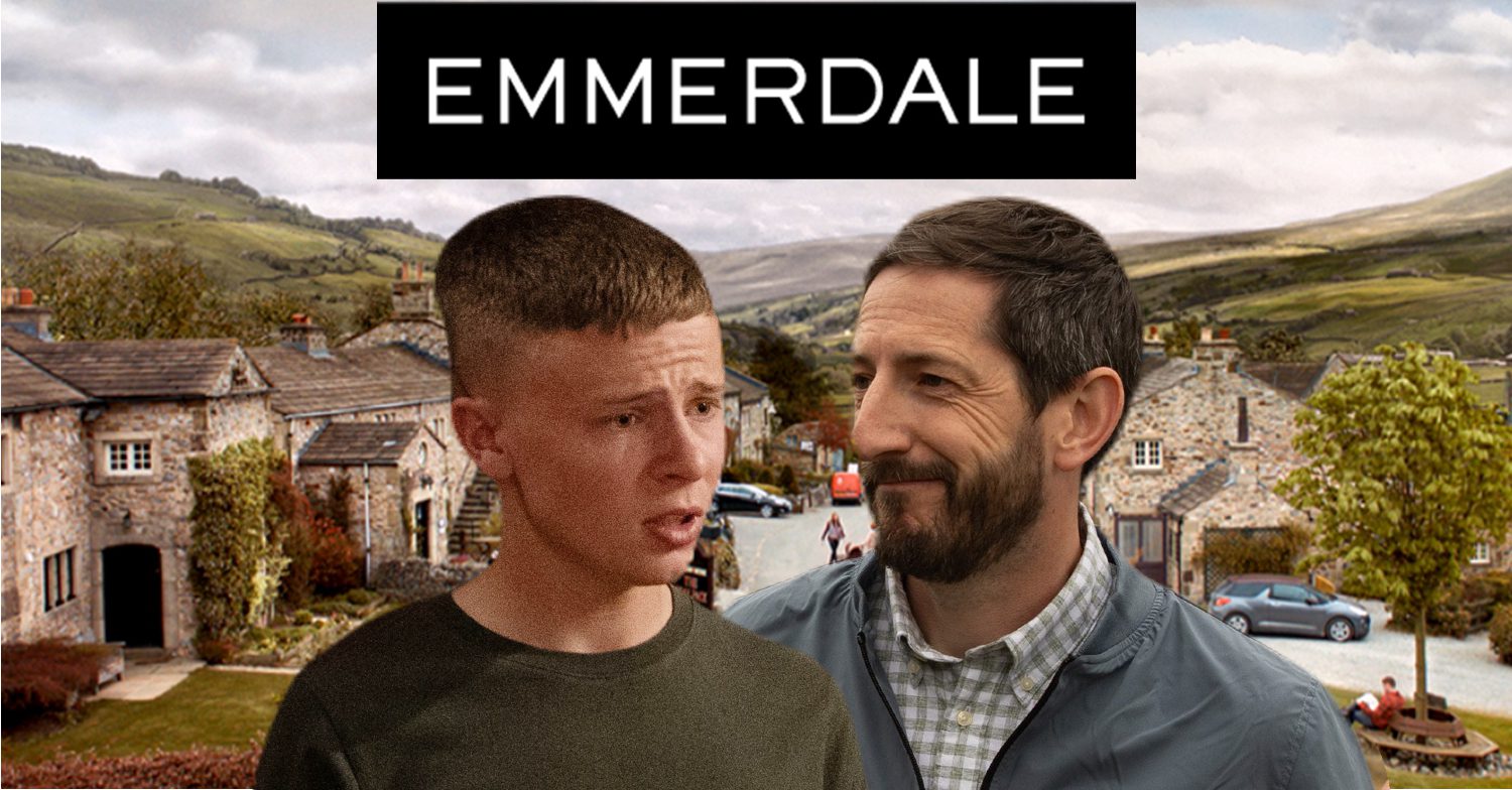 Emmerdale's Samson, Craig, the Emmerdale logo and background of the Dales