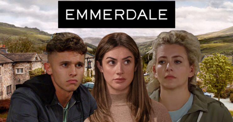 Emmerdale's Jacob, Victoria, Maya, the Emmerdale logo and background of the Dales