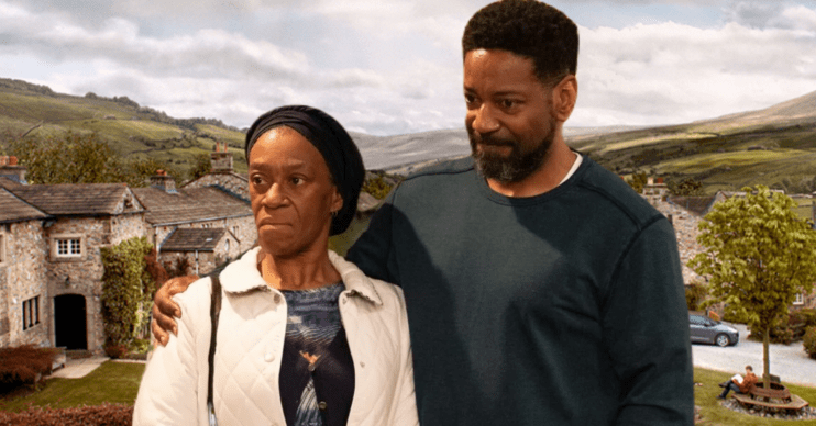 Emmerdale's Charles and Claudette cut out on the Emmerdale background comp image