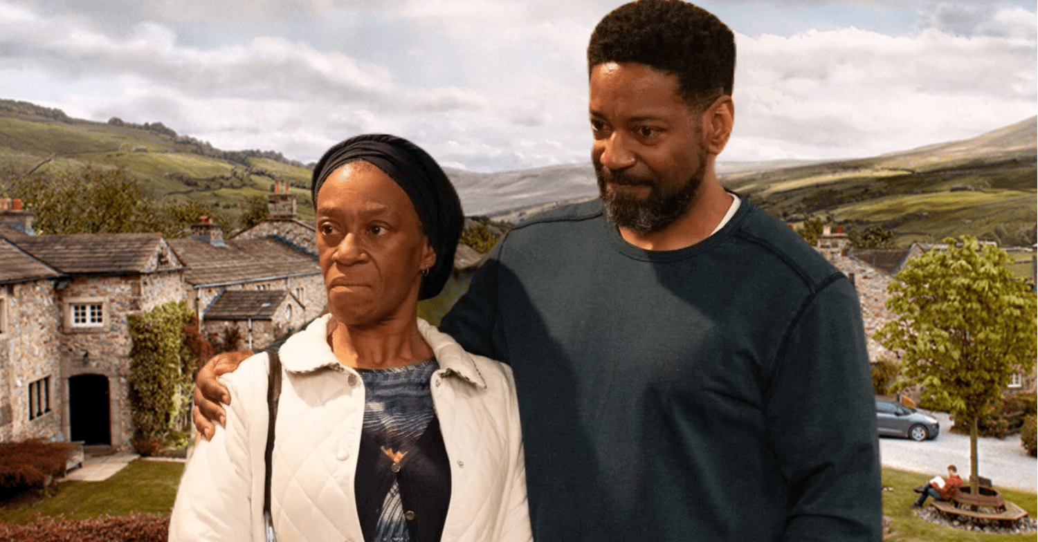 Emmerdale's Charles and Claudette cut out on the Emmerdale background comp image
