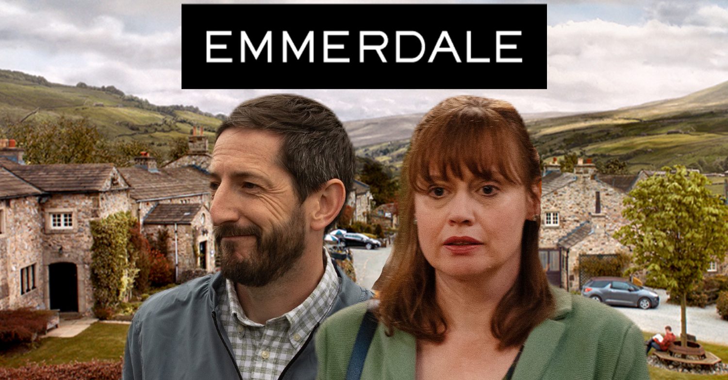 Emmerdale's Craig, Lydia, the Emmerdale logo and background of the Dales