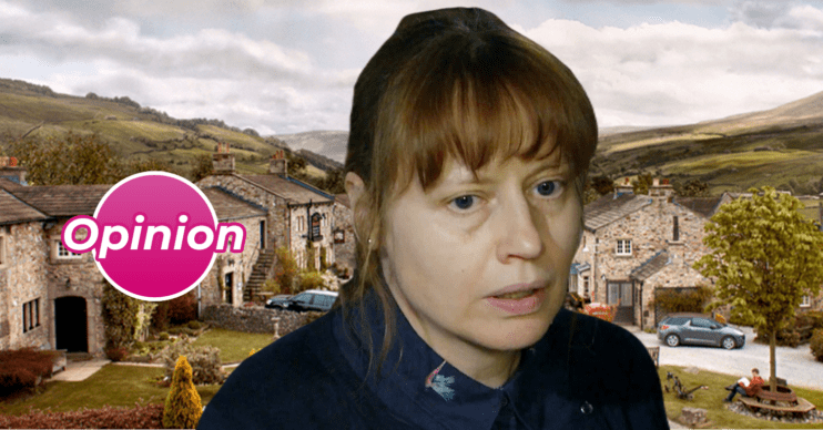 Lydia in Emmerdale looking awful with the Emmerdale show background and an opinion bubble in pink