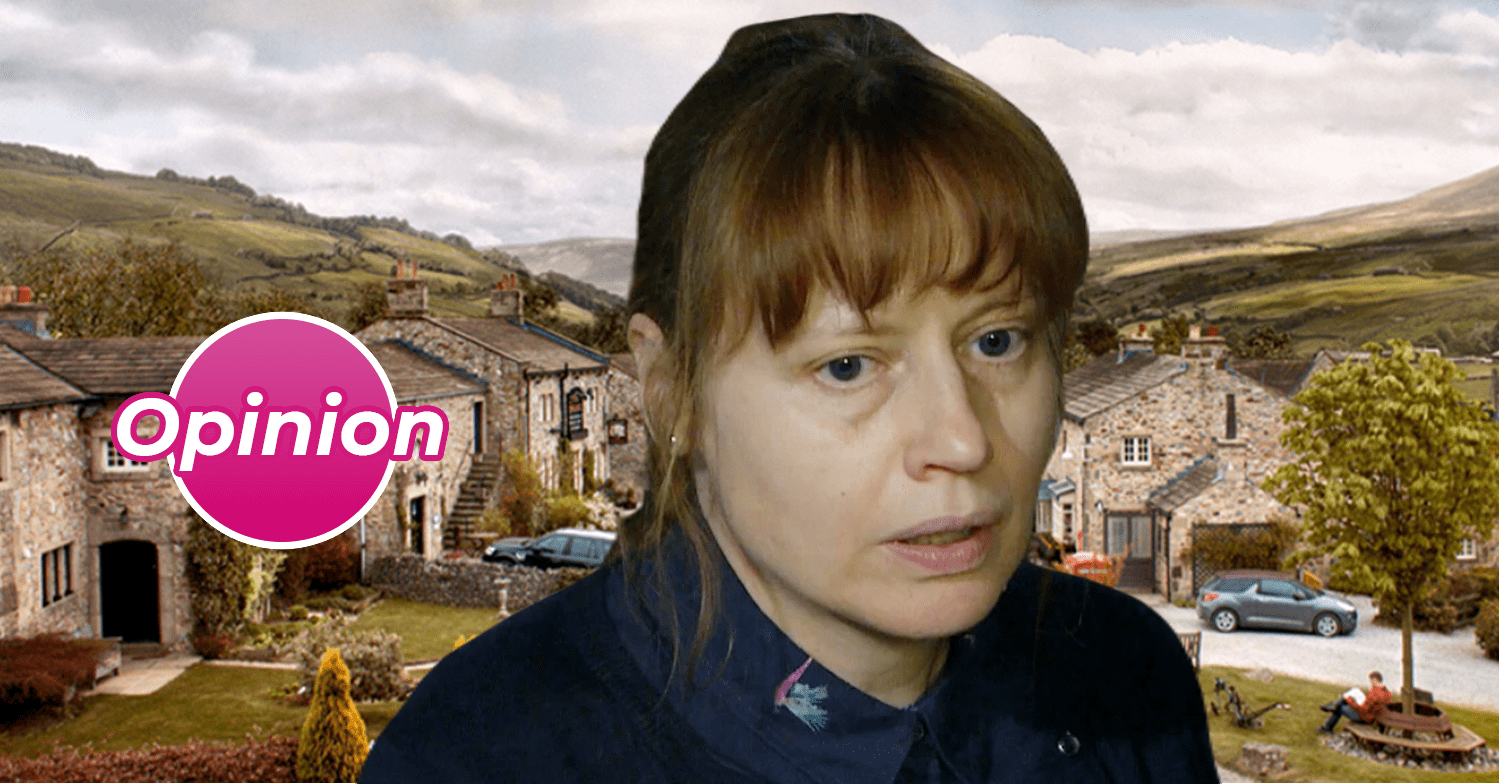 Lydia in Emmerdale looking awful with the Emmerdale show background and an opinion bubble in pink