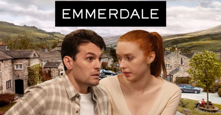 Emmerdale's Mack, Chloe, the Emmerdale logo and background of the Dales