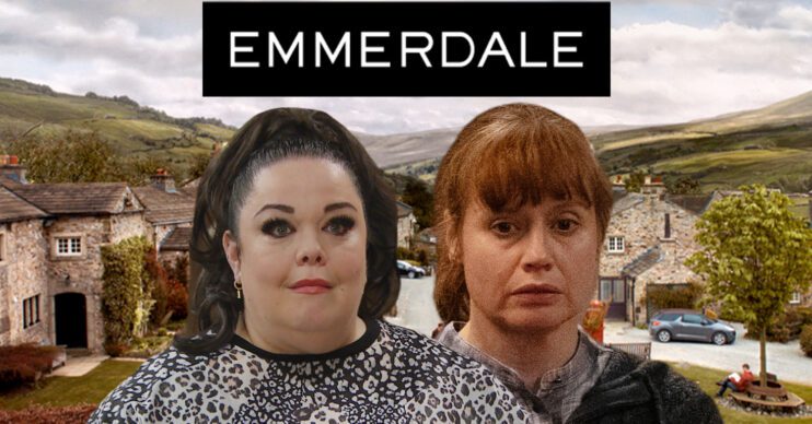 Emmerdale's Mandy, Lydia, the Emmerdale logo and background of the Dales
