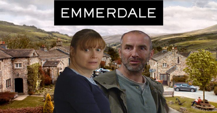 Emmerdale's Lydia, Sam, the Emmerdale logo and background of the Dales