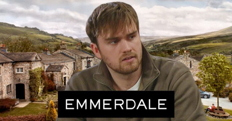 Tom King looking shady against village background and soap logo (Credit: ITV/Composite: ED!)