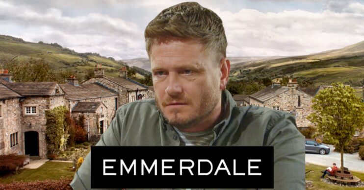 Emmerdale comp image of David looking glum on the show background with logo