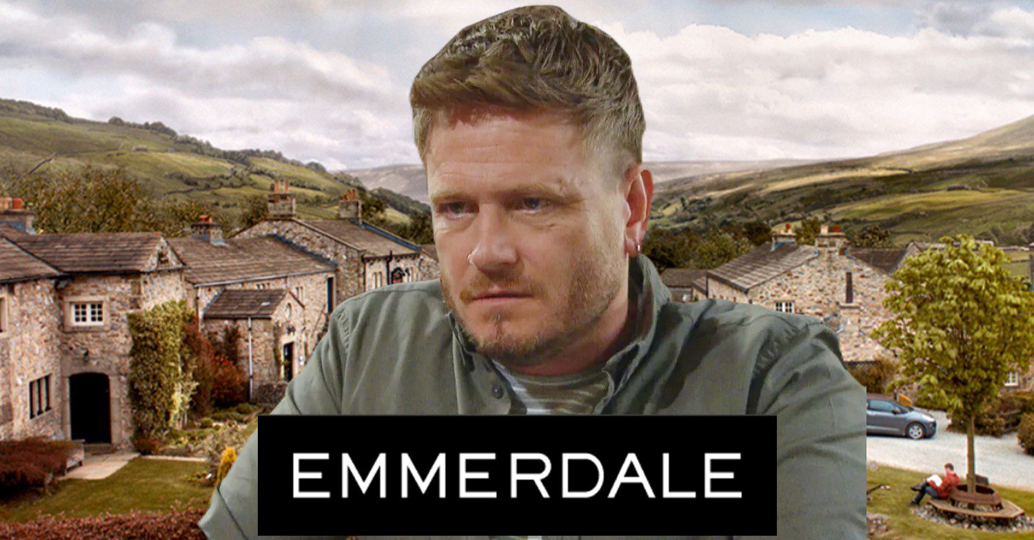 Emmerdale comp image of David looking glum on the show background with logo