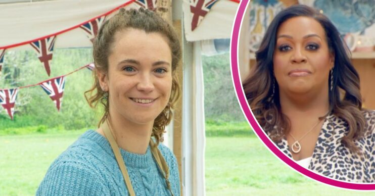 GBBO Tasha smiles, Great British Bake Off host Alison Hammond doesn't look impressed