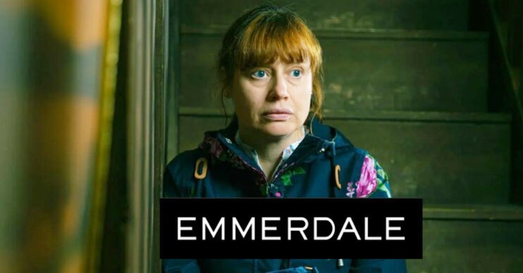 Lydia looks upset on the stairs on Emmerdale; inset, soap logo (Credit: ITV/Composite: ED!)
