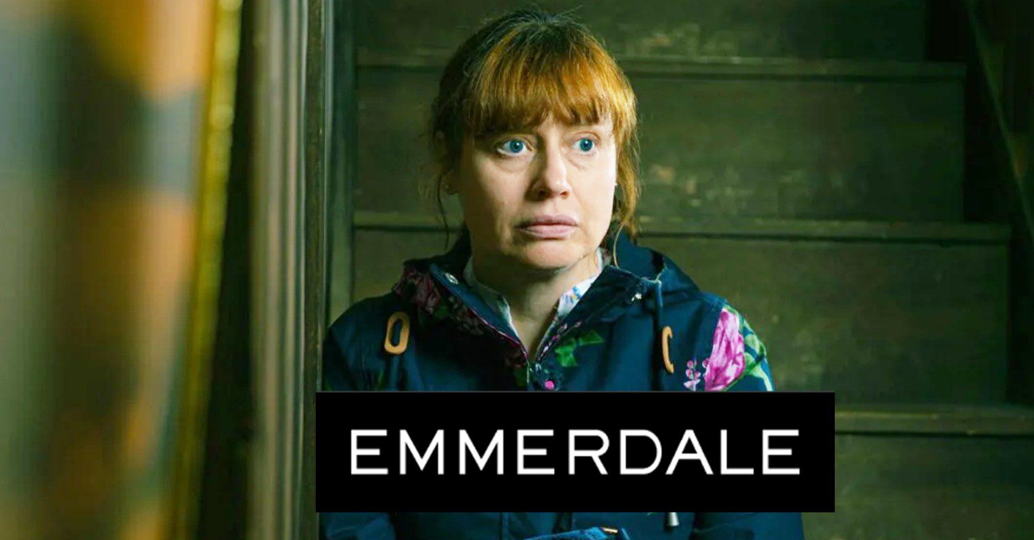 Lydia looks upset on the stairs on Emmerdale; inset, soap logo (Credit: ITV/Composite: ED!)