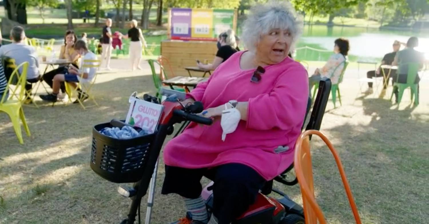 Miriam Margolyes on a mobility scooter