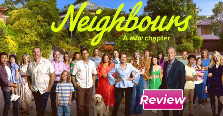 Neighbours' cast promo shot with a pink review label