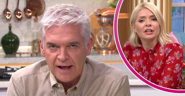 Phillip Schofield looks serious, Holly Willoughby looks as if she is about to say something