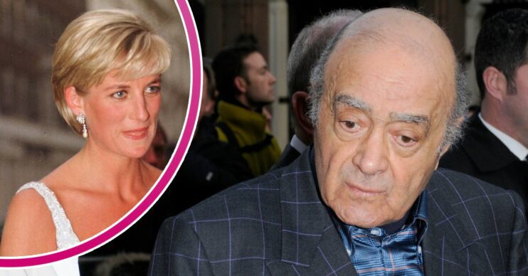 Princess Diana smiles, Mohamed Al Fayed looks down