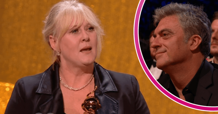 Sarah Lancashire giving her NTAs acceptance speech and Daran Little inset
