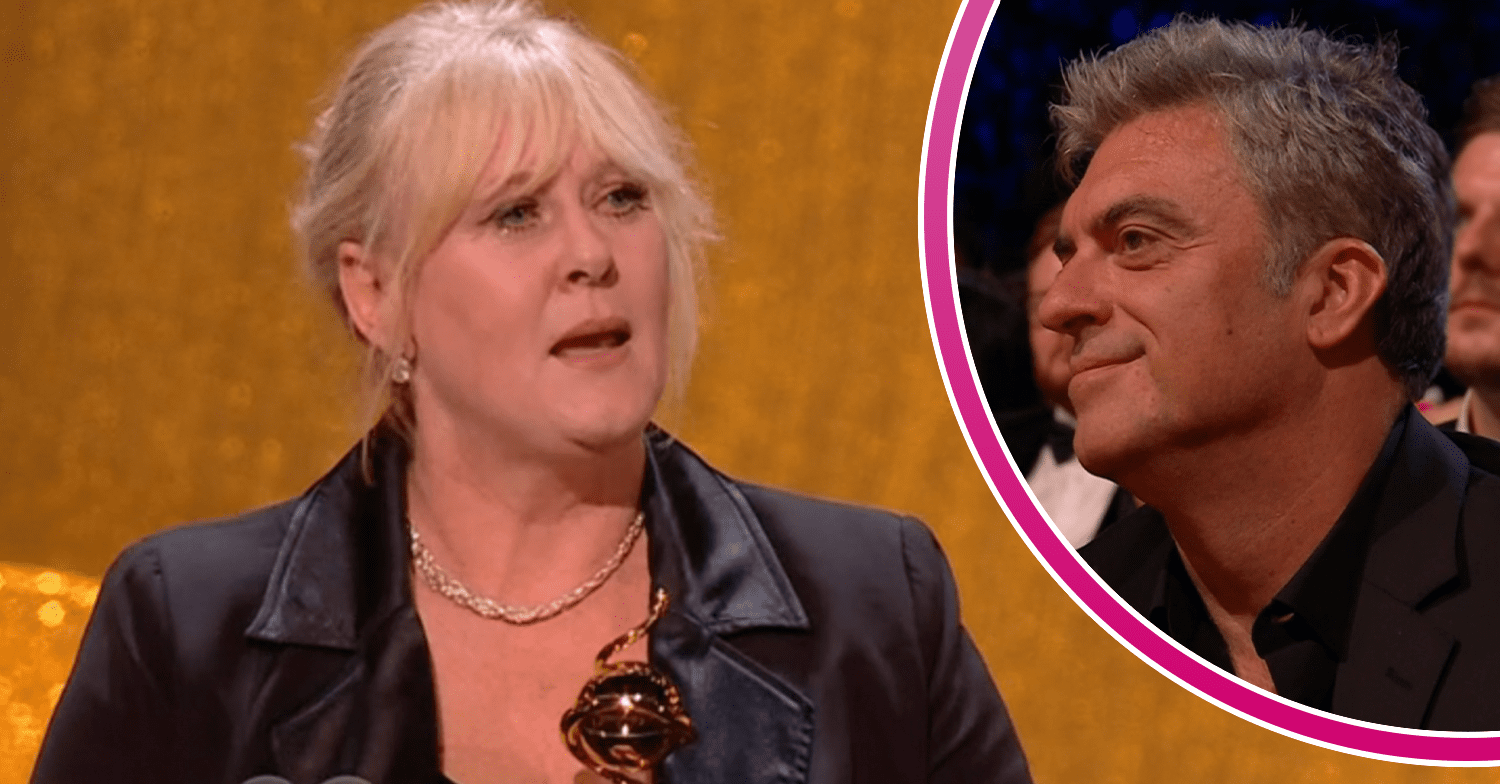Sarah Lancashire giving her NTAs acceptance speech and Daran Little inset