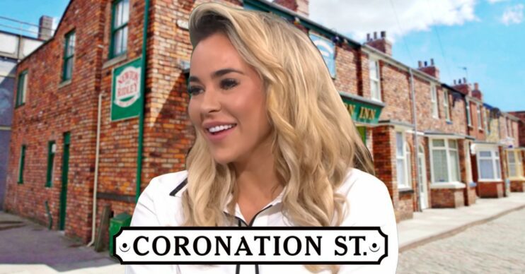 Stephanie Davis laughing in an interview; inset, Rovers and soap logo (Credit: ITV/YouTube/Composite: ED!)