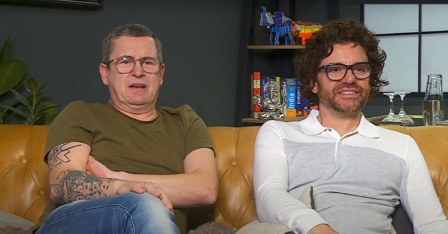Stephen Webb and Daniel Lustig sat on the sofa watching TV on Channel 4's Gogglebox