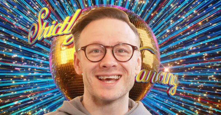 Kevin Clifton smiling in interview; in the background, Strictly logo (Credit: BBC/YouTube/Composite: ED!)