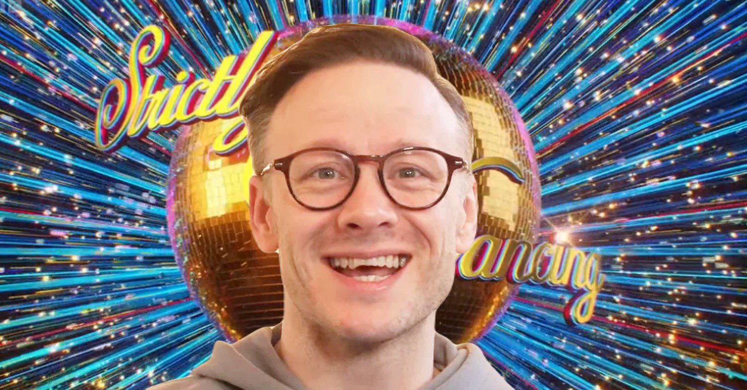 Kevin Clifton smiling in interview; in the background, Strictly logo (Credit: BBC/YouTube/Composite: ED!)