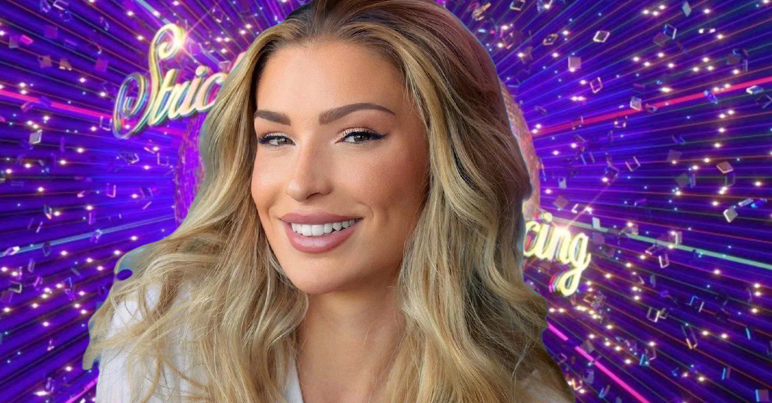 Zara McDermott smiling against Strictly logo and background (Credit: BBC/Composite: ED!)