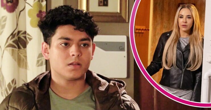 Aadi looking shocked on Coronation Street; inset, Courtney (Credit: ITV/Composite: ED!)
