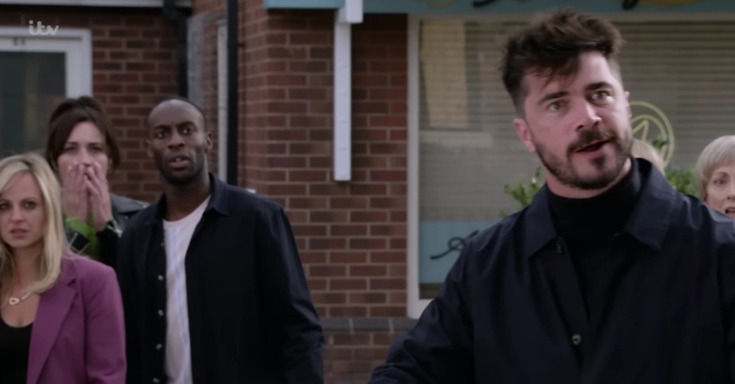 Adam, Sarah, Michael and Shona looking shocked on Corrie