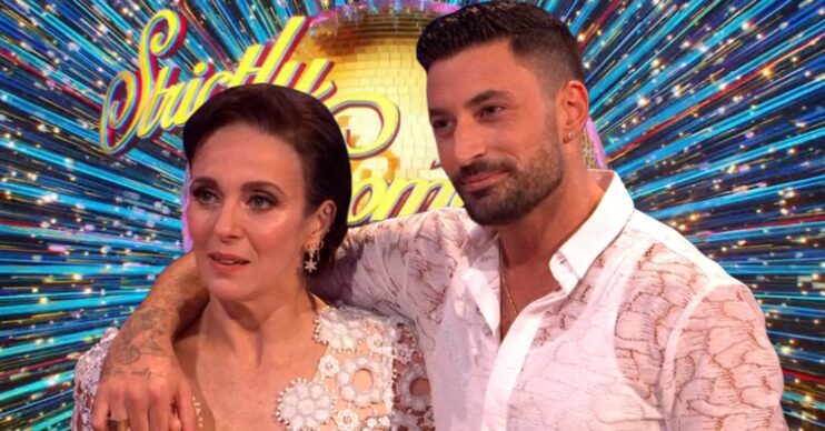 Amanda Abbington and Giovanni Pernice in front of Strictly logo