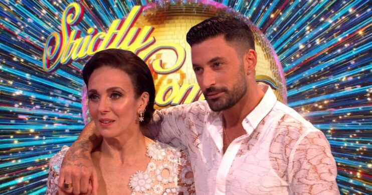 Amanda Abbington and Giovanni Pernice in front of Strictly title card