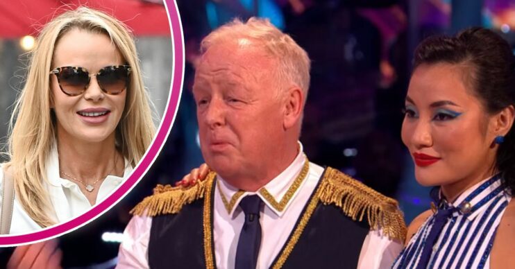 Amanda Holden smiling, Les Dennis and Nancy Xu on Strictly