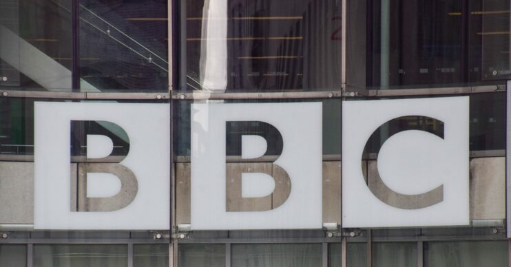 BBC logo outside Broadcasting House Portland Place London