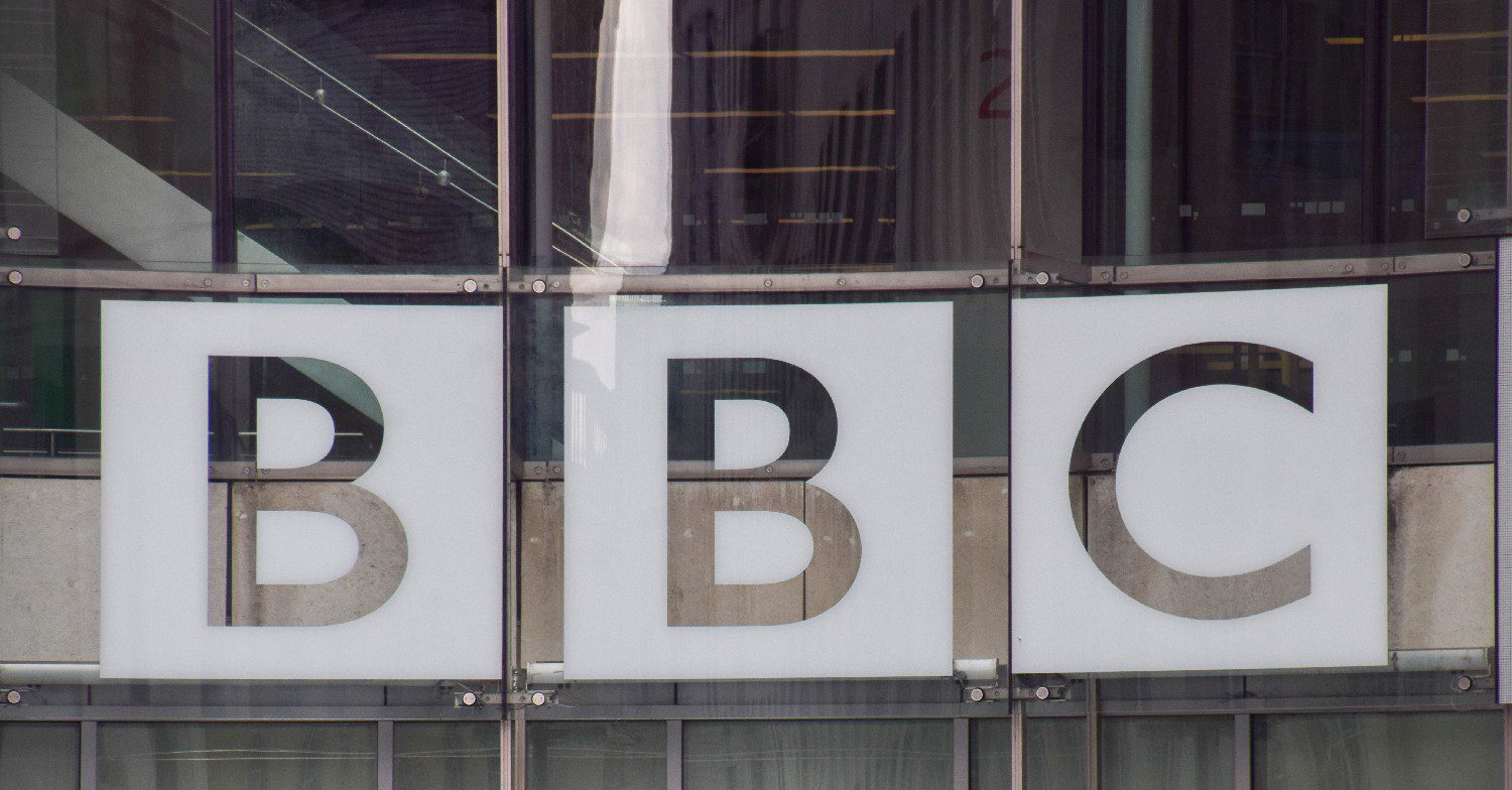 BBC logo outside Broadcasting House Portland Place London