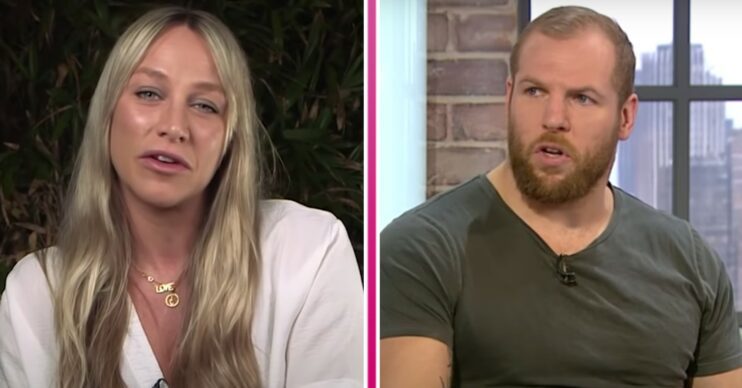 Chloe Madeley looks into the camera, James Haskell looks serious