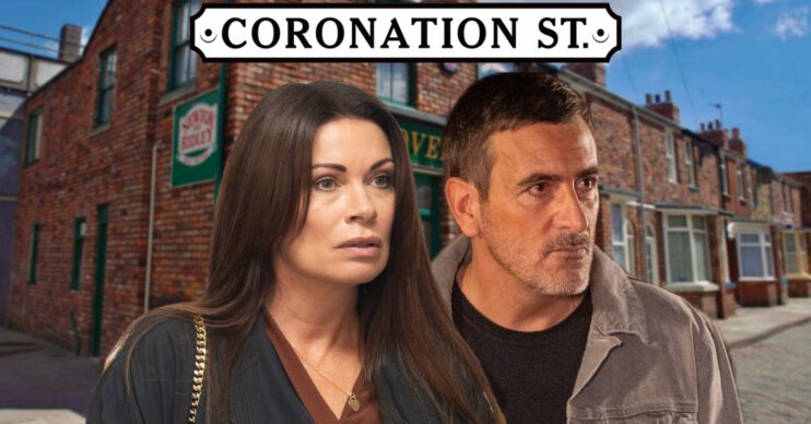 Coronation Street's Carla, Peter, the Coronation Street logo and background of the Rovers