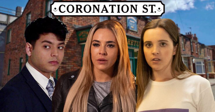 Coronation Street's Aadi, Courtney, Amy, the Coronation Street logo and background of the Rovers