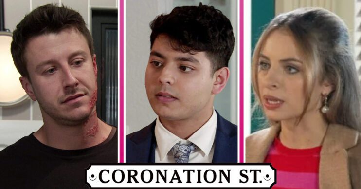 Coronation Street's Ryan, Aadi and Daisy with the Coronation Street logo