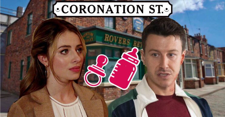Coronation Street's Daisy, Ryan, a pink baby bottle and dummy, the background of the Rovers and the Coronation Street logo