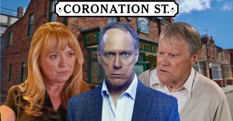 Coronation Street's Jenny, Stephen, Roy, the Coronation Street logo and background of the Rovers