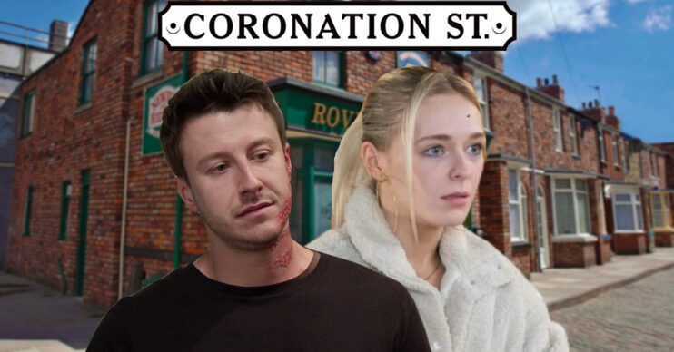 Coronation Street's Ryan, Lauren, the Coronation Street logo and background of the Rovers
