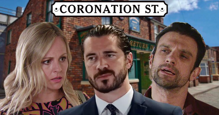 Coronation Street's Sarah, Adam, Damon, the Coronation Street logo and background of the Rovers