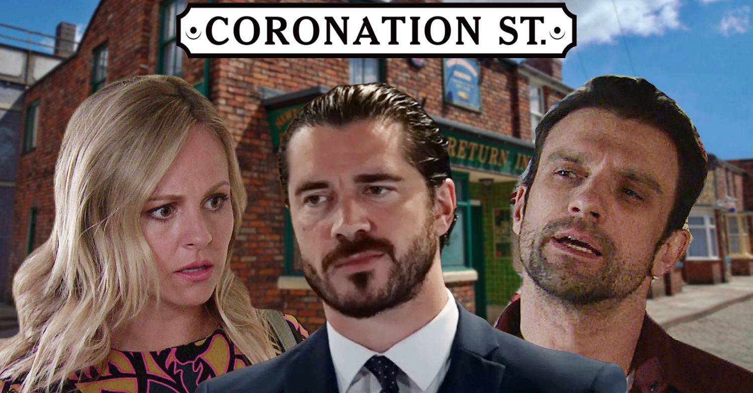 Coronation Street's Sarah, Adam, Damon, the Coronation Street logo and background of the Rovers