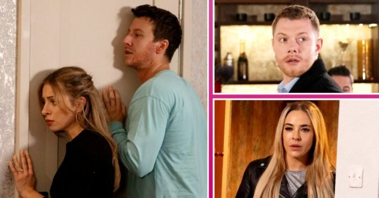 Composite image of Coronation Streetl Daisy and Daniel looking scared, listening against a door, Daniel suspicious, Courtney looks shocked (Credit: ITV/Composite: ED!)